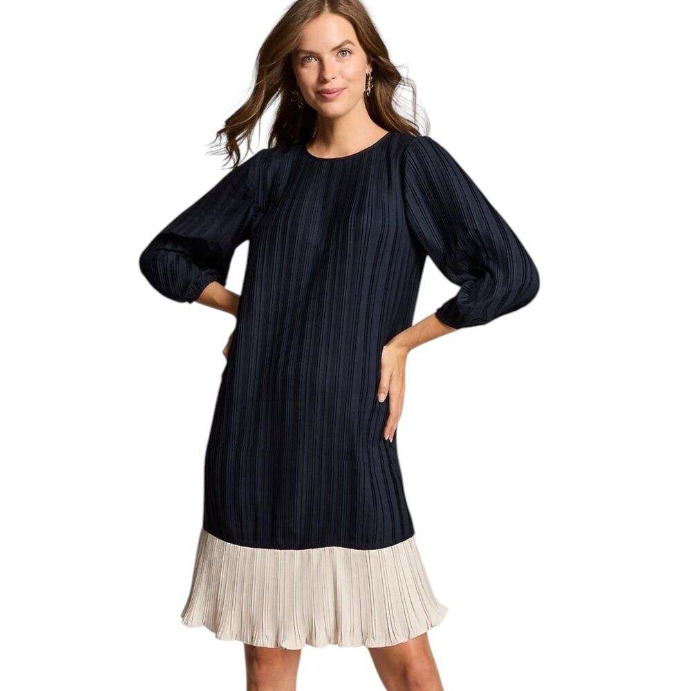 NWT J Jill Wearever Pleated Shift Dress 4X Navy Cream Colorblock